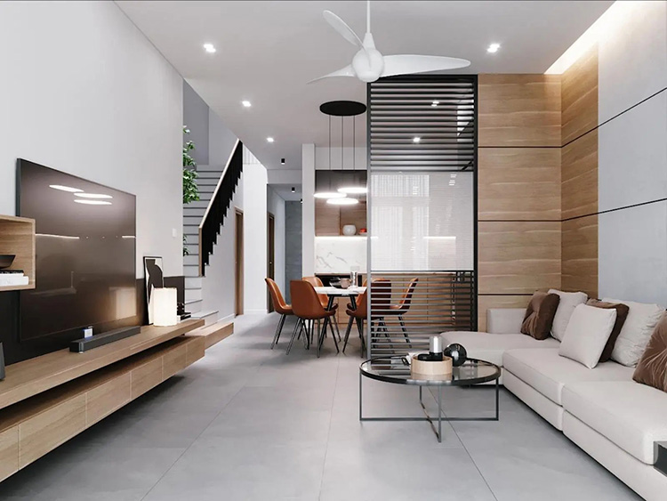Lựa chọn vật liệu và màu sắc phù hợp 1 Mẫu phòng khách nhà ống đẹp 2024