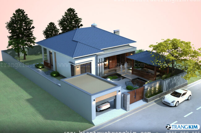 Biệt thự một tầng hiện đại, mái thái xanh, sân vườn thoáng đãng.