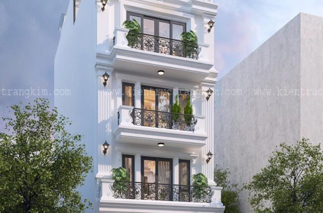 Mặt tiền nhà phố 4 tầng kiến trúc tân cổ điển sang trọng, hiện đại.