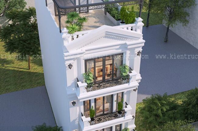 Mặt tiền nhà phố 4 tầng kiến trúc tân cổ điển nổi bật, sang trọng.