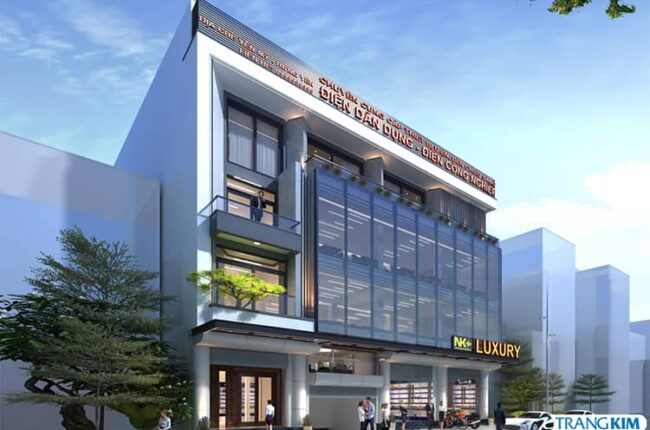 Mặt tiền tòa nhà hiện đại, sang trọng với thiết kế kính và cây xanh.