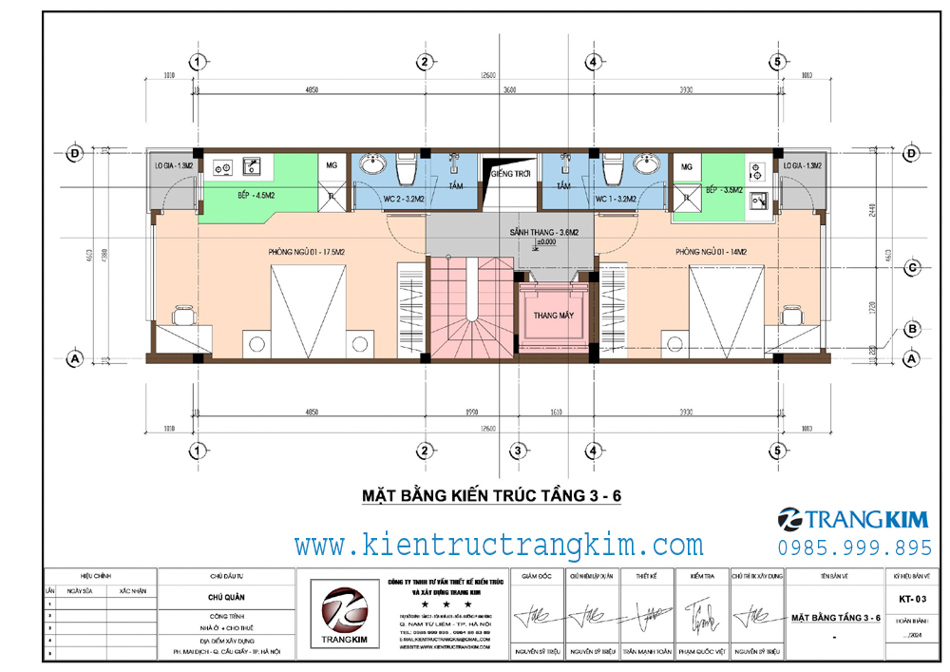 Măt bằng kiến trúc tầng 3 đến 6