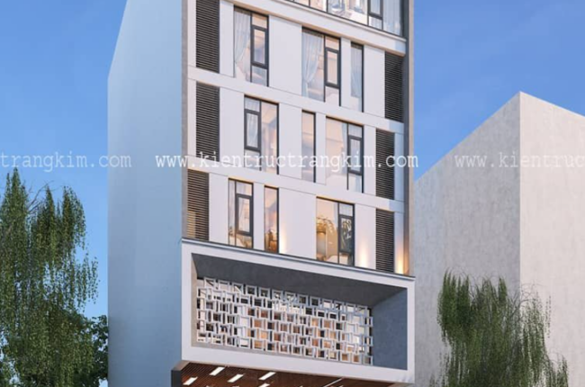 Mặt tiền tòa nhà hiện đại với kiến trúc độc đáo, nổi bật.