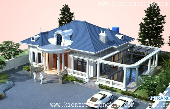 Biệt thự một tầng mái nhật hiện đại, sang trọng với nhiều cột trụ trắng.