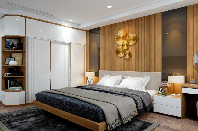 Phòng ngủ hiện đại, sang trọng với tông màu trung tính ấm áp.