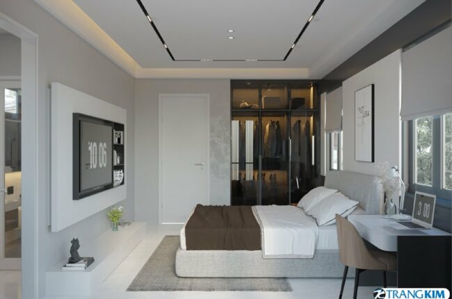 Phòng ngủ hiện đại, tối giản với tông màu trắng, xám chủ đạo.
