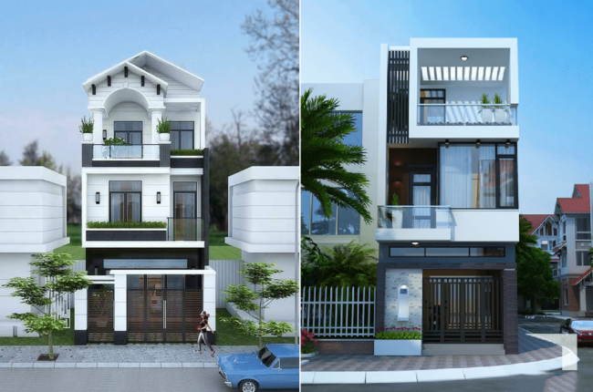 Hai mẫu nhà phố hiện đại, trắng tinh tế, kiến trúc đẹp mắt.