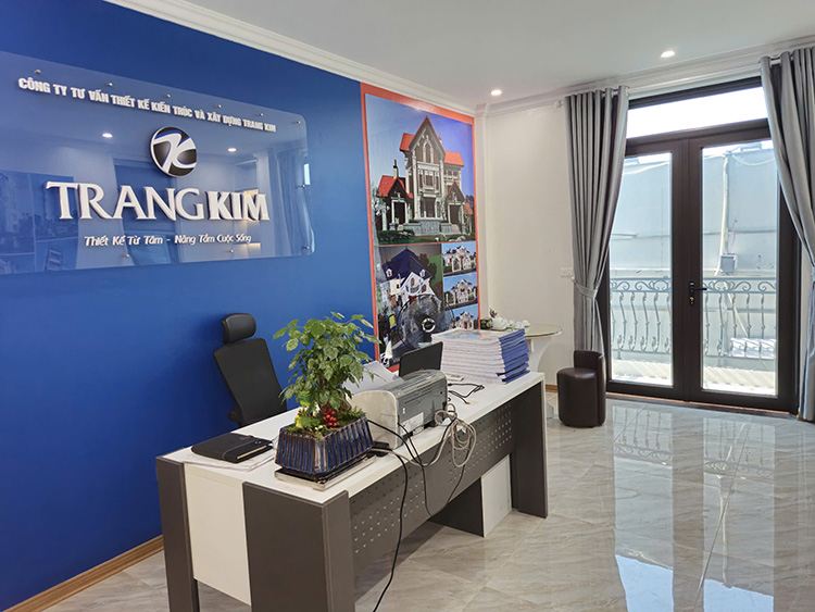 Sảnh đón tiếp của công ty kiến trúc Trang Kim với thiết kế hiện đại.