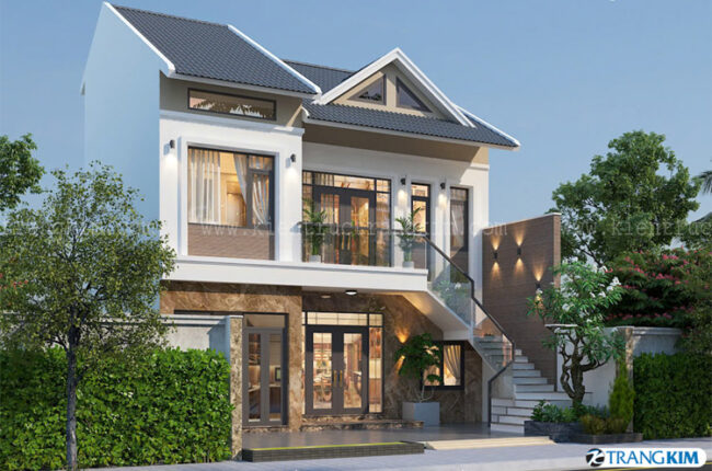 Thiết kế biệt thự 2 tầng mái Thái hiện đại 9x10m có cầu thang bộ ngoài trời