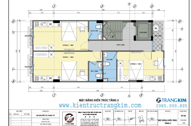 Mặt bằng kiến trúc tầng 3 của một công trình xây dựng, bố trí các phòng chức năng.