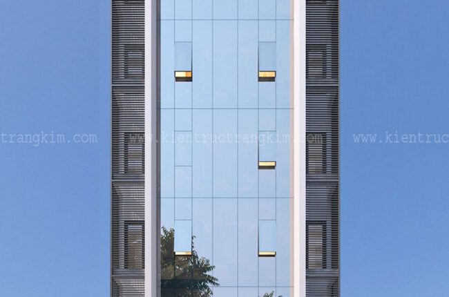 Mặt tiền tòa nhà cao tầng hiện đại với thiết kế độc đáo.