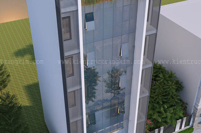 Mặt tiền hiện đại của tòa nhà với thiết kế kính và lam chắn nắng.