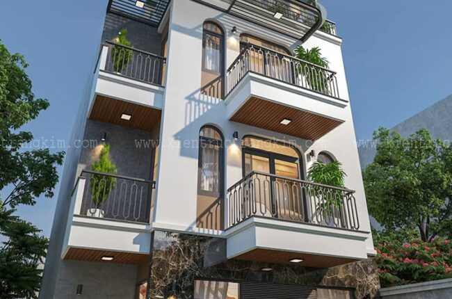 Mặt tiền nhà phố hiện đại, 4 tầng với ban công rộng rãi.