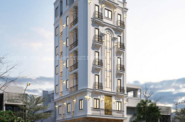 Mặt tiền tòa nhà cao tầng hiện đại, kiến trúc châu Âu sang trọng.