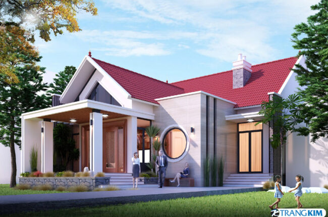 Ngôi nhà một tầng mái đỏ tươi, kiến trúc hiện đại, sang trọng.