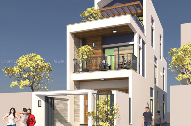 Mặt tiền nhà phố hiện đại ba tầng, thiết kế tối giản, sang trọng.