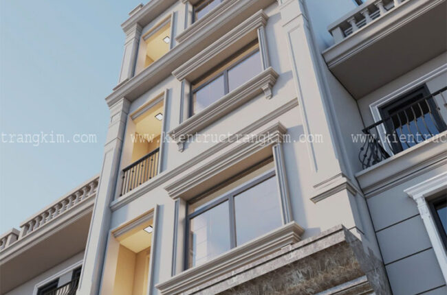 Mặt tiền tòa nhà kiến trúc cổ điển, sang trọng với nhiều chi tiết.