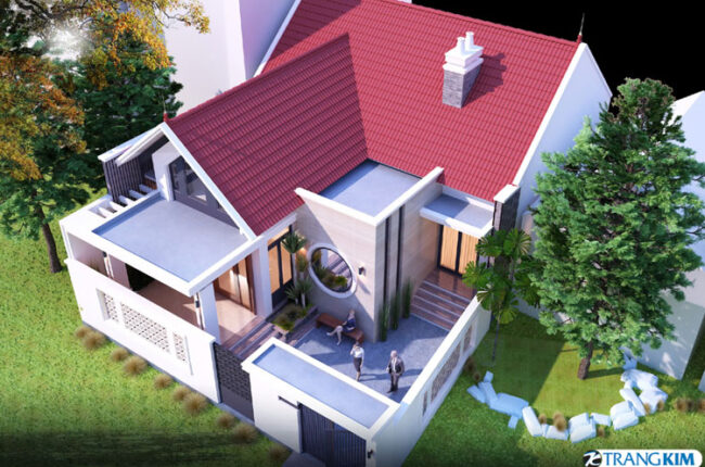 Bản vẽ phối cảnh kiến trúc nhà phố hiện đại, mái đỏ tươi nổi bật.