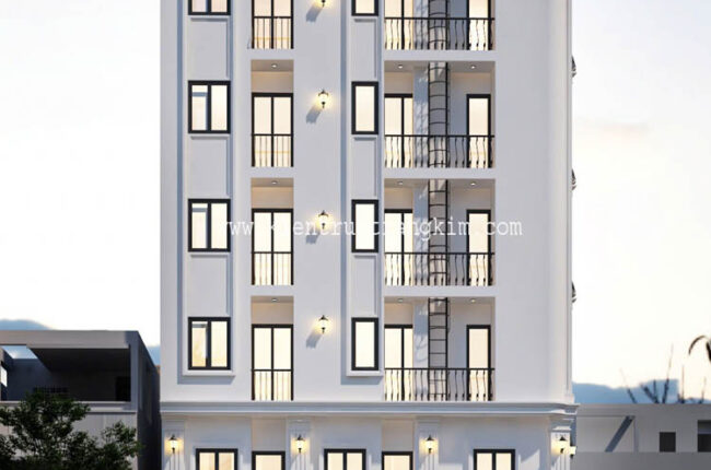 Mặt tiền tòa nhà nhiều tầng với kiến trúc hiện đại, sang trọng.