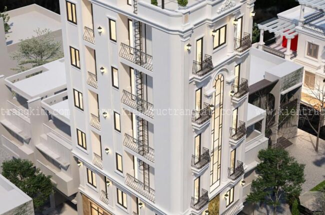Kiến trúc tòa nhà hiện đại, sang trọng với tông trắng chủ đạo.