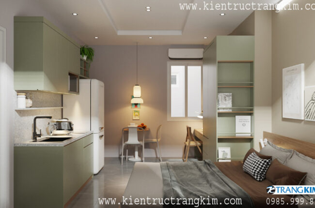 Phòng studio nhỏ gọn, hiện đại với tông màu xanh lá và trắng chủ đạo.