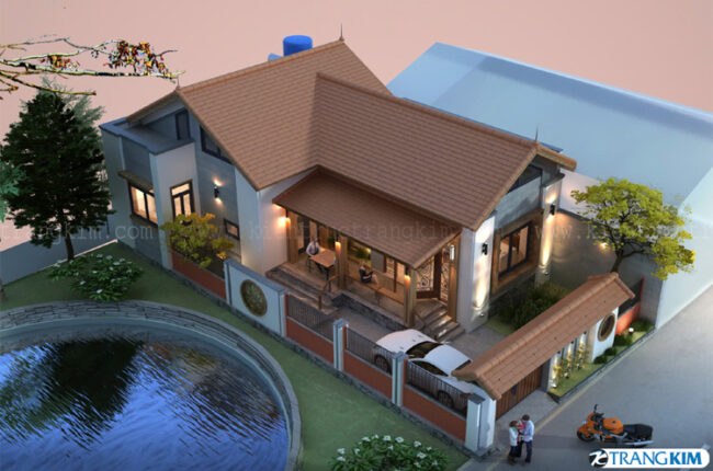 Biệt thự một tầng mái thái, kiến trúc hiện đại, có hồ nước nhỏ.