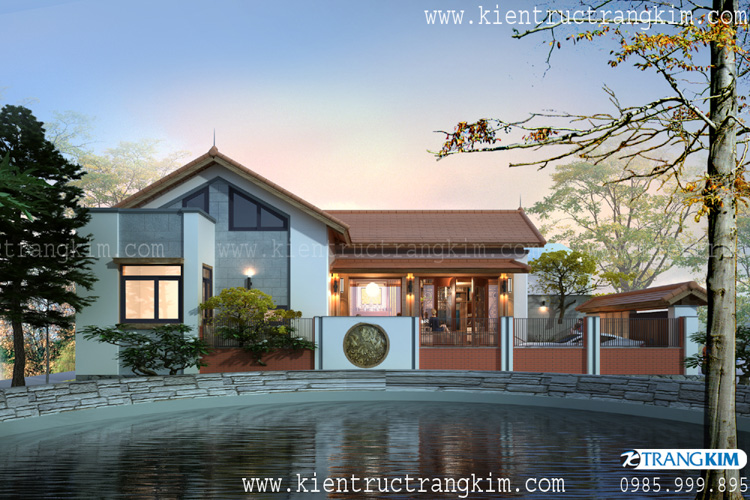 Hình ảnh phối cảnh kiến trúc công trình 2 Thiết kế biệt thự 1 tầng theo phong cách kiến trúc Việt 10x20m