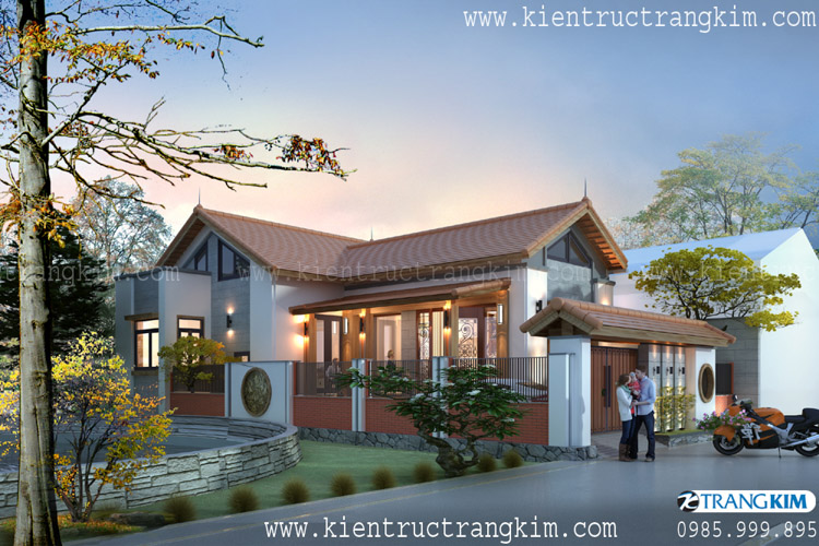 Hình ảnh phối cảnh kiến trúc công trình 3 Thiết kế biệt thự 1 tầng theo phong cách kiến trúc Việt 10x20m