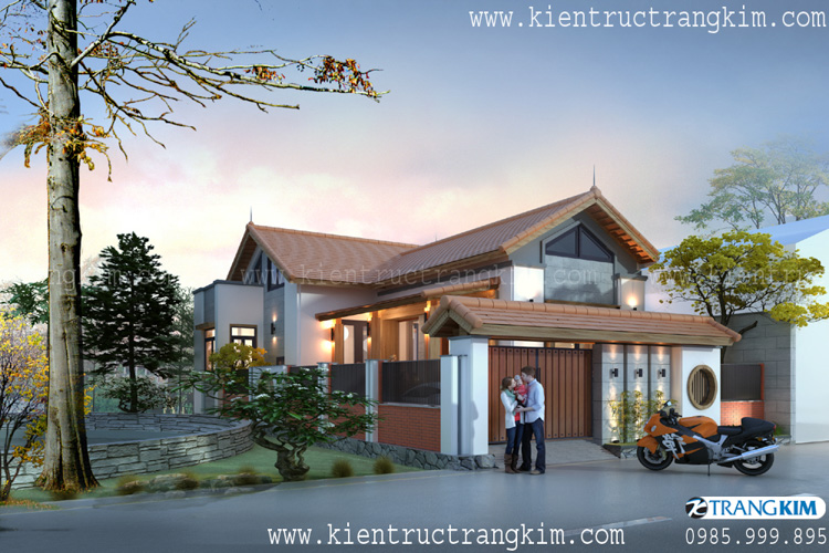 Hình ảnh phối cảnh kiến trúc công trình 4 Thiết kế biệt thự 1 tầng theo phong cách kiến trúc Việt 10x20m