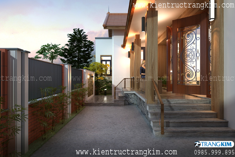 Hình ảnh phối cảnh kiến trúc công trình 5 Thiết kế biệt thự 1 tầng theo phong cách kiến trúc Việt 10x20m