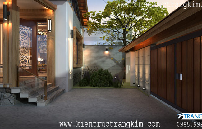 Mặt tiền nhà hiện đại với sân vườn nhỏ, thiết kế tinh tế.