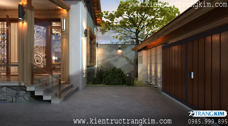 Hình ảnh phối cảnh kiến trúc công trình 6 Thiết kế biệt thự 1 tầng theo phong cách kiến trúc Việt 10x20m