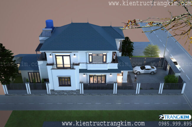 Biệt thự kiến trúc hiện đại, mái đỏ tươi, tường trắng sáng.