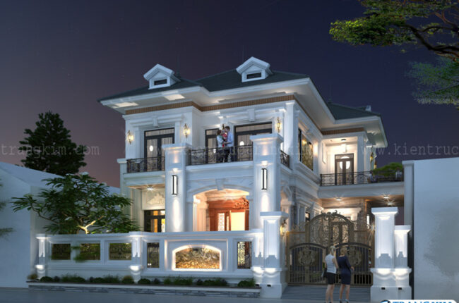 Biệt thự phong cách Châu Âu sang trọng, hiện đại về đêm.