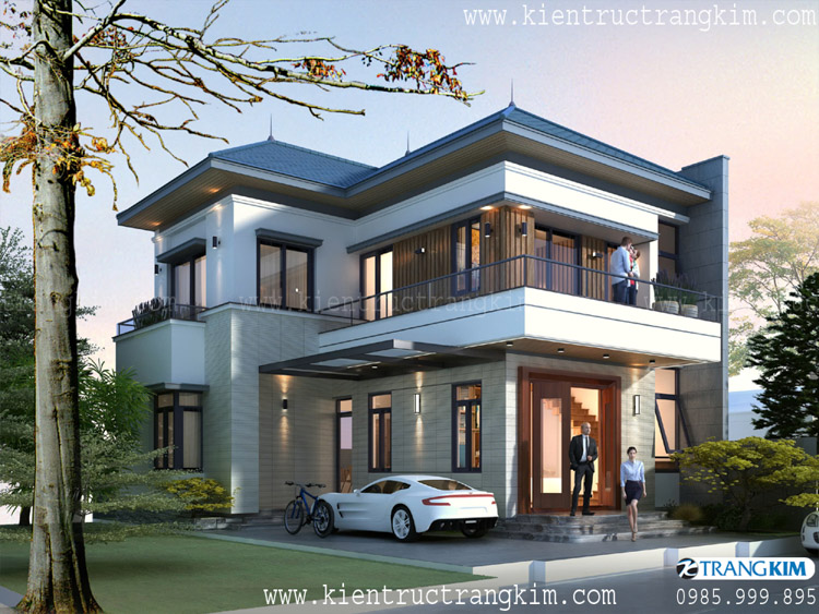 Chi Phí Xây Dựng Biệt Thự Miền Trung 1 Thiết kế biệt thự 2 tầng mái Nhật hiện đại tại Khoái Châu, Hưng Yên.