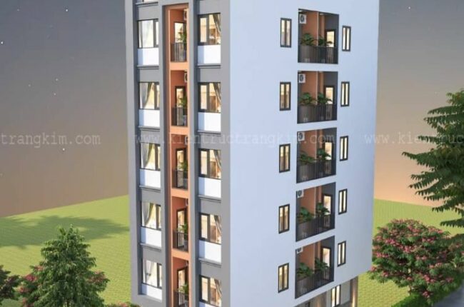 Mặt tiền tòa nhà cao tầng với nhiều ban công xanh mát.