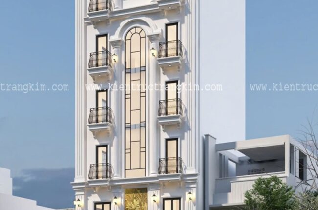 Mặt tiền tòa nhà cao tầng phong cách kiến trúc châu Âu hiện đại.