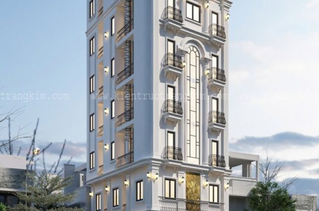 Mặt tiền tòa nhà cao tầng kiến trúc châu Âu hiện đại, sang trọng.