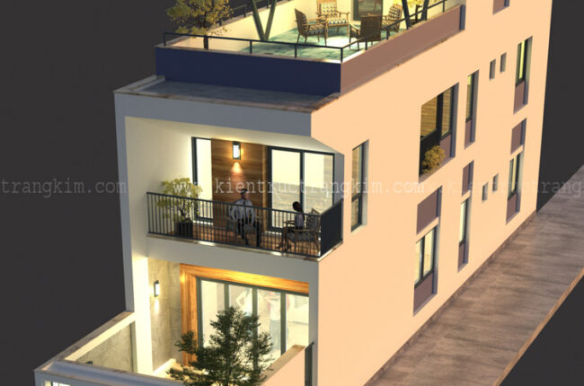 Kiến trúc hiện đại với ban công rộng rãi, ánh sáng ấm áp.