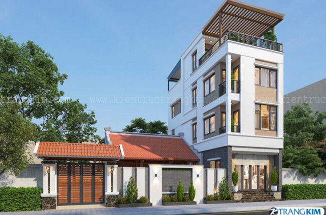 Biệt thự hiện đại 4 tầng với kiến trúc mái thái và ban công rộng rãi.