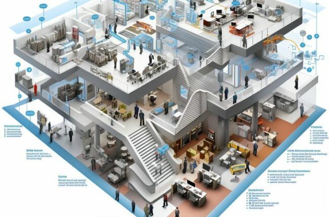 Mặt cắt ngang tòa nhà văn phòng hiện đại với nhiều tiện ích.