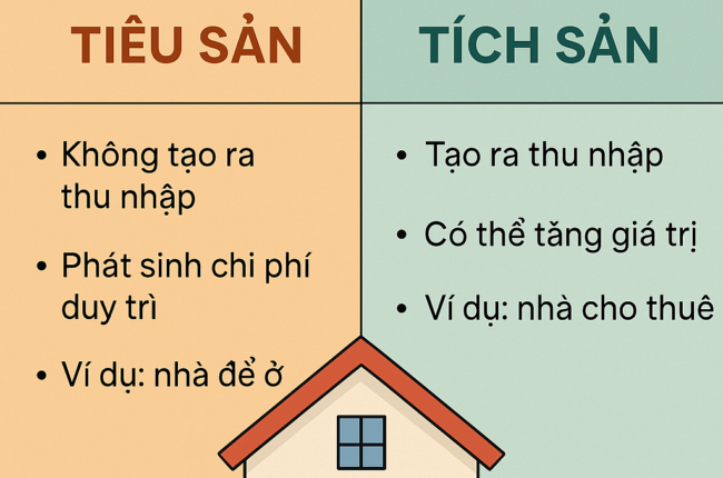 So sánh tài sản tiêu sẵn và tài sản tích sẵn, minh họa bằng hình ảnh ngôi nhà.