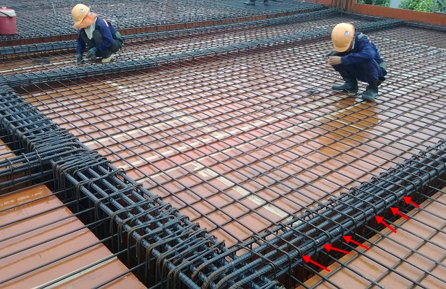 Công nhân đang gia công cốt thép cho sàn bê tông tại công trường xây dựng.