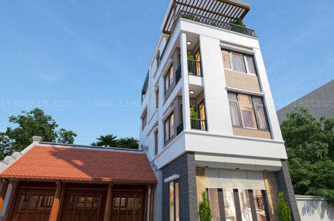 Kiến trúc hiện đại của ngôi nhà bốn tầng với mái bằng và ban công.