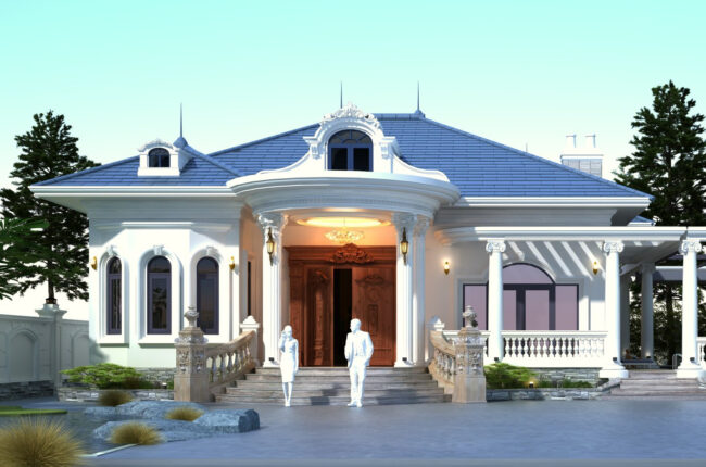 Biệt thự phong cách châu Âu sang trọng, mái ngói xanh dương nổi bật.