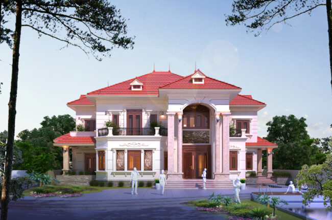 Biệt thự tân cổ điển sang trọng với mái đỏ tươi và kiến trúc đối xứng.