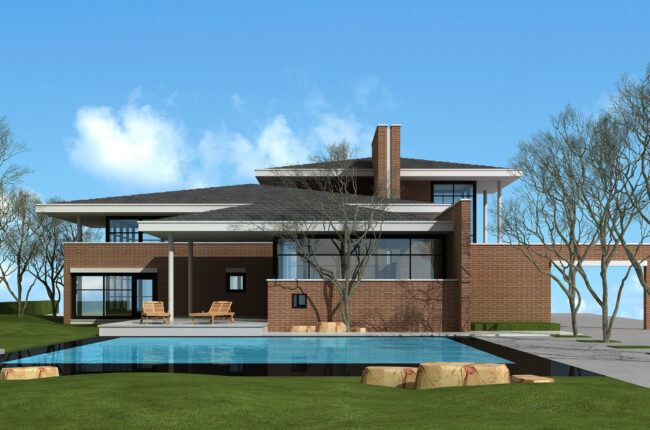 Ngôi nhà hiện đại một tầng với hồ bơi và cảnh quan đẹp mắt.