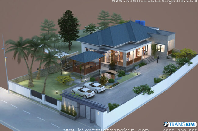 Thiết kế biệt thự nhà vườn 1 tầng đẹp theo phong cách kiến trúc Mái Nhật hiện đại nhẹ nhàng, tinh tế