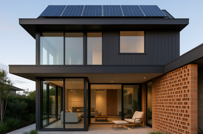 Ngôi nhà hiện đại với kiến trúc tối giản, sử dụng năng lượng mặt trời.