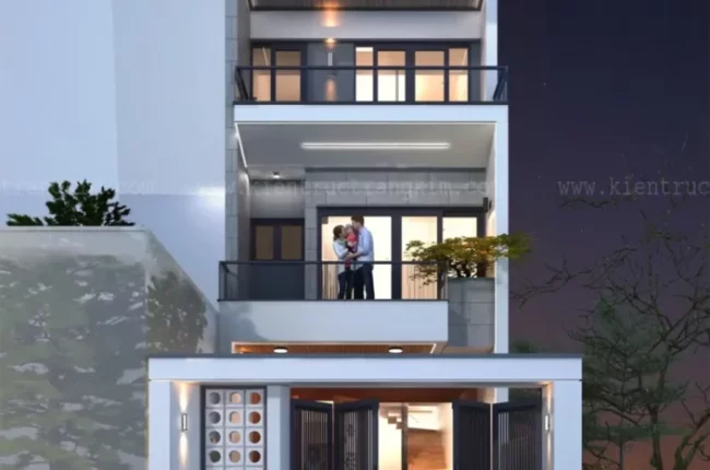 Mặt tiền nhà phố hiện đại, ấm cúng với cặp đôi trên ban công.